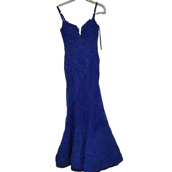 MAC DUGGAL NWT EMBROIDERED SLEEVELESS PLUNGE NECK TRUMPET GOWN ROYAL BLUE SZ 18 - Picture 5 of 9